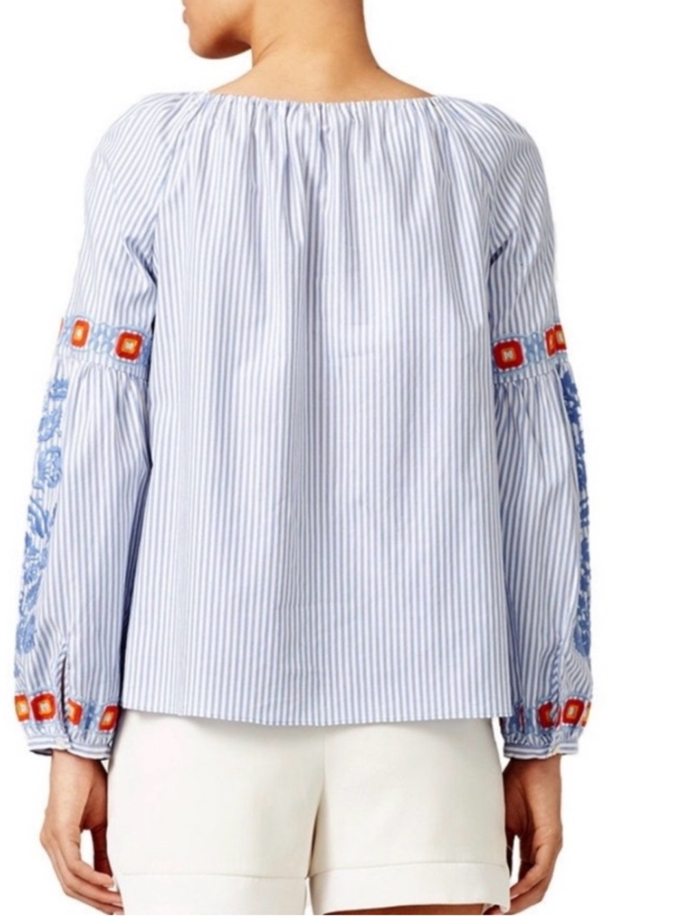 Tory Burch Light Blue Striped Peasant Blouse with Coral Tassels EUC Size 14 - Picture 3 of 9